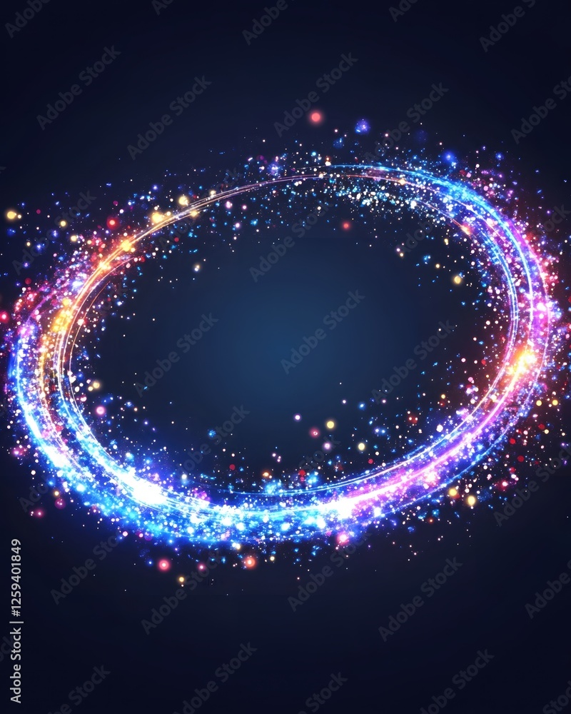 Poster luminous oval frame with colorful particles against a dark background creates a magical effect