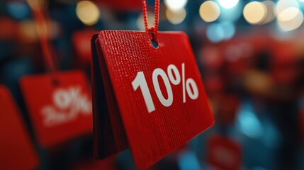 Red sale tag hanging from a string on a white background for discount promotion and retail marketing