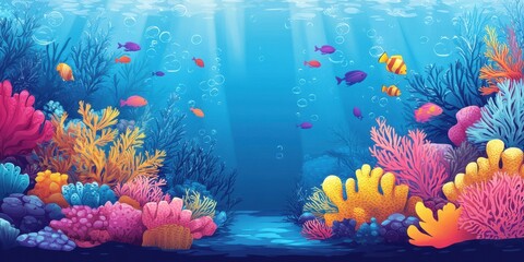Cartoon style underwater scene with coral reef and fishes
