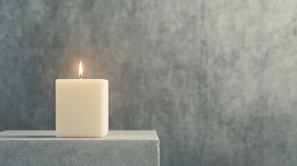 A single, lit candle sits on a gray concrete surface against a textured gray background. The soft, warm glow creates a peaceful and serene atmosphere.