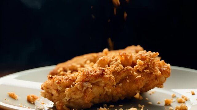 Delicious crispy fried chicken piece served on a white plate with a dark background.