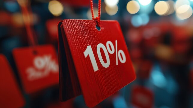 Red sale tag hanging from a string on a white background for discount promotion and retail marketing