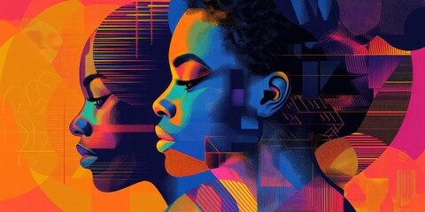 Colorful digital artwork of two african american women profiles
