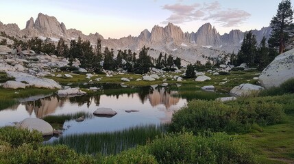 Serene mountain landscape featuring a tranquil pond reflecting majestic peaks at sunset