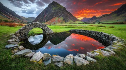 Serene landscape at sunset with a stone bridge reflecting in a tranquil pond surrounded by mountains