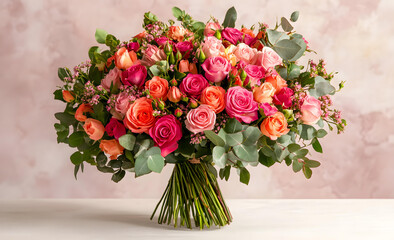 Obraz premium A Stunning Bouquet of Coral Pink and Hot Pink Roses with Eucalyptus