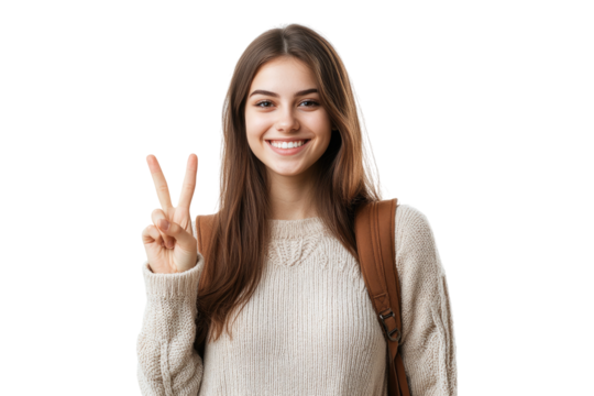 Smiling teenage girl showing peace sign isolated on white or transparent, PNG - Powered by Adobe