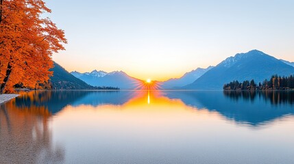 Serene sunset over a tranquil lake surrounded by mountains and autumn foliage reflecting in water