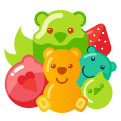 Fototapeta premium A vibrant assortment of gummy jelly bears and fruit-shaped candies is beautifully arranged. The chewy candies showcase various bright colors and playful shapes, inviting enjoyment