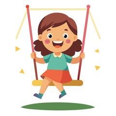 A cheerful girl with brown hair swings joyfully in a park, displaying a look of excitement and surprise while soaking up the sunny atmosphere