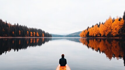A serene autumn landscape with a person kayaking on a calm lake surrounded by colorful trees