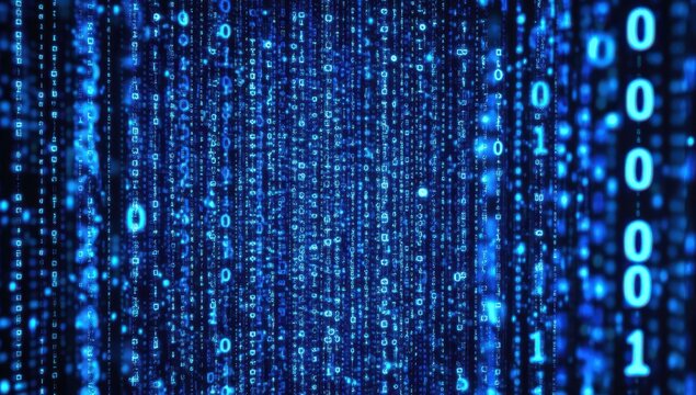 Digital binary code cascading in dark blue background