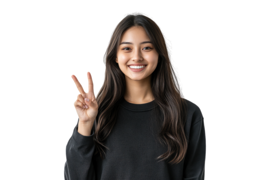Smiling teenage girl showing peace sign isolated on white or transparent, PNG - Powered by Adobe