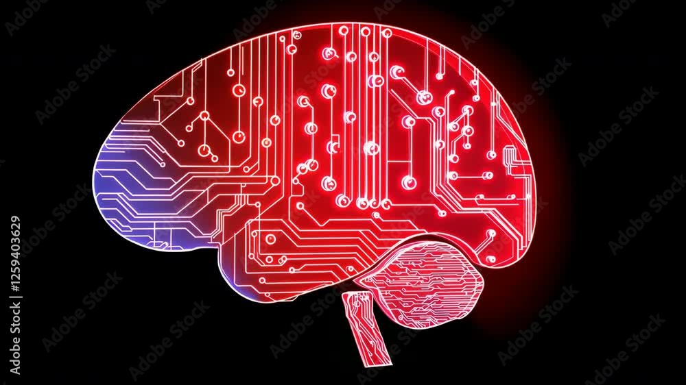 Aufkleber futuristic digital brain illustration glowing red and blue circuit patterns symbolizing artificial i
