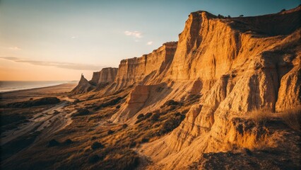 Vintage Hues: Crumbling Sandstone Cliffs at Golden Hour - A Friable Landscape
