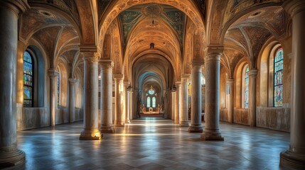 Obraz premium interior of Klis Church, with a focus on the elegant columns and arches, creating a timeless atmosphere enhanced by the soft lighting that fills the sacred space