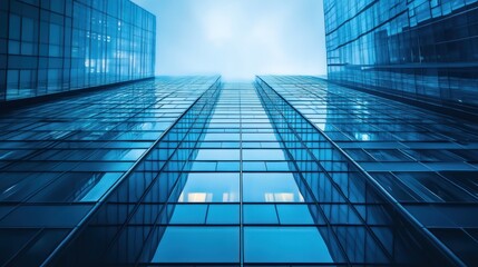 Fototapeta premium Cityscape, glass skyscrapers, urban, low angle, blue sky, business, modern architecture, corporate, background, success