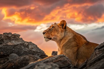 Vibrant Sunset, Majestic Lioness: Rule of Thirds Wildlife Photography