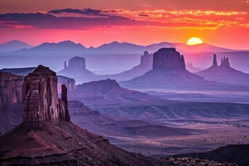 Naklejka premium Vibrant Sunset Hues over Retro Pixelated Mountain Range - Colorful Landscape Photography