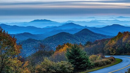 Serene Mountain Landscape with Autumn Colors and Winding Road Under a Twilight Sky