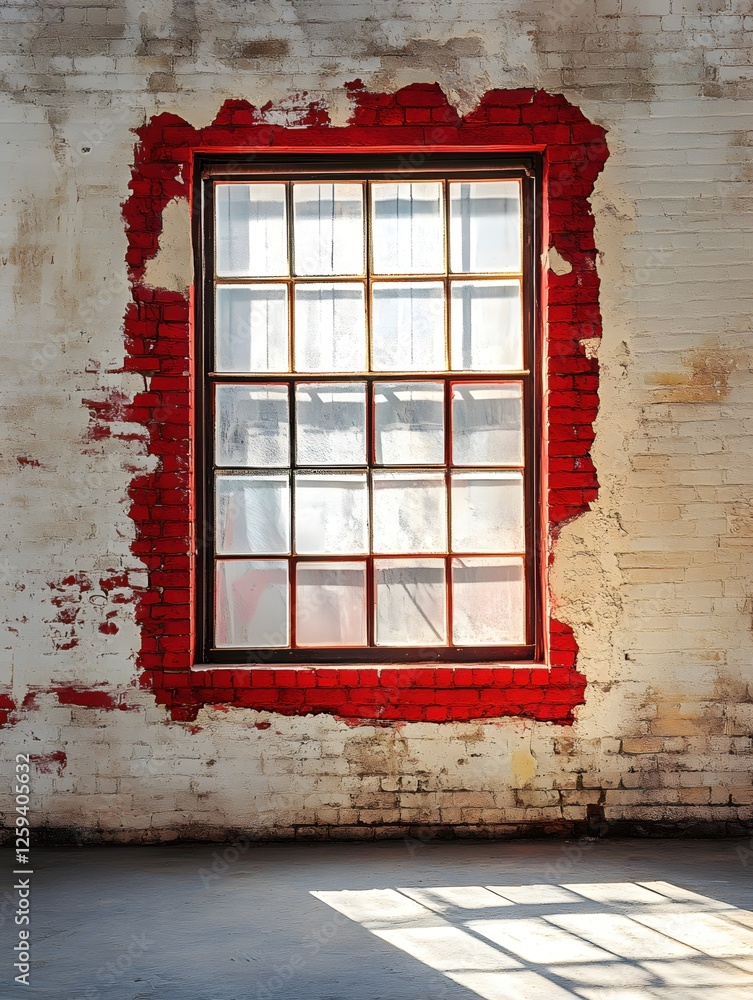 Poster sunlight streaming through a large window in an old brick building with red paint detail