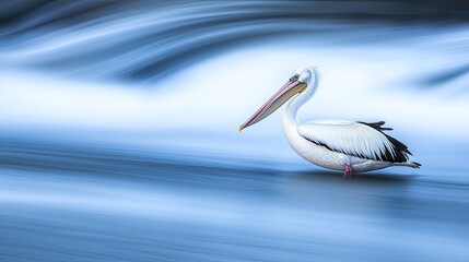 A graceful pelican gliding through soft, flowing waters with a serene blue background