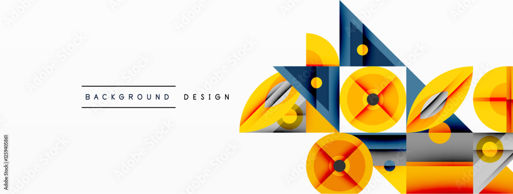 Poster geometric abstract composition with intersecting shapes, circles, triangles, and gradients, blending
