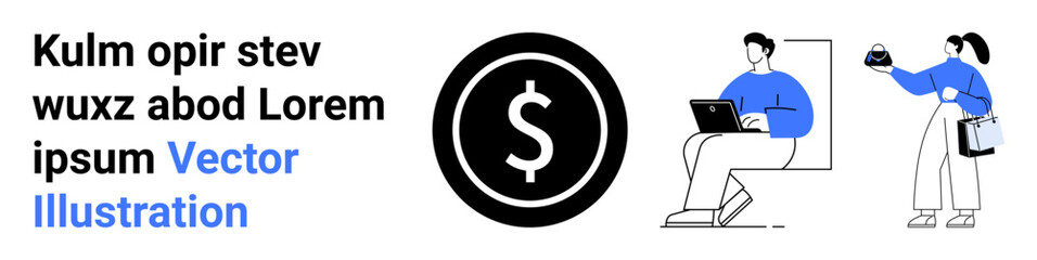 Large dollar symbol as focus, paired with man using laptop and figure presenting idea or solution. Ideal for finance, technology, teamwork, service, economy, app design, flat landing page banner