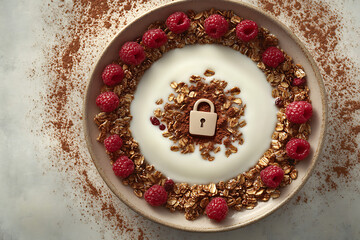 Overhead Shot of a Yogurt Bowl with Granola, Raspberries, and Cocoa Powder