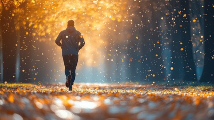 A lone runner jogs through a sunlit autumn forest, surrounded by falling leaves and vibrant colors