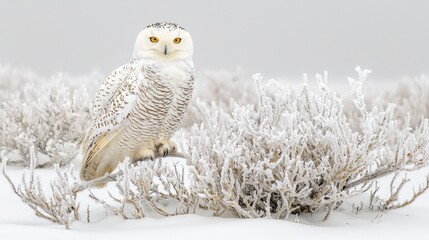 Snowy owl perched on frost-covered shrubs in a winter landscape with soft, blurred background