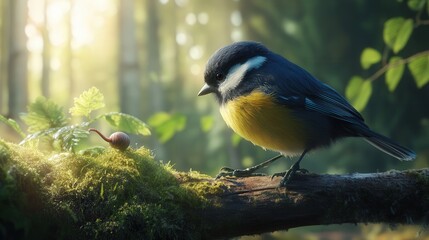 Obraz premium bird poised on a branch with a worm in its beak, its watchful eyes and vivid feathers perfectly captured in 4K against a calm forest setting