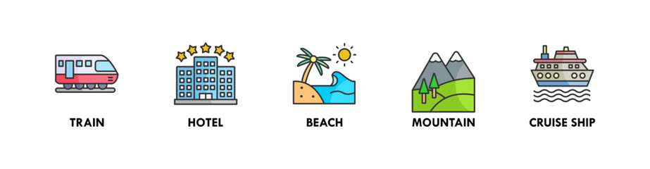 Travel and Holiday banner web icon illustration concept with icon of train, hotel, beach, mountain, and cruise ship