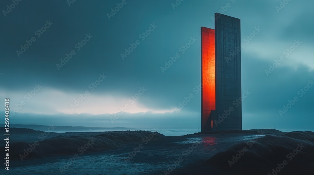 Poster tower under a twilight sky, its structure glowing softly in the fading light, creating a striking co