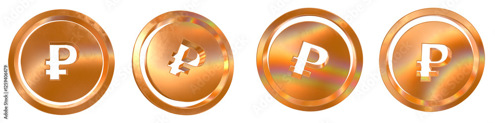 Aufkleber set of 4 3d rouble solid coin shapes with golden and rainbow effects isolated on a transparent backg