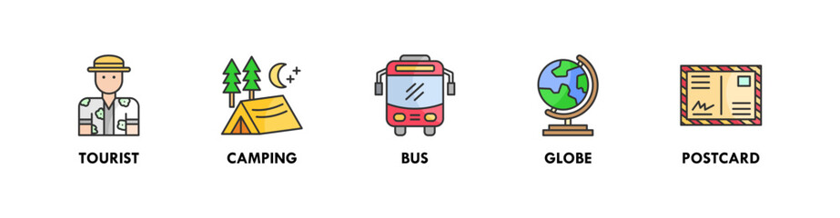 Fototapeta premium Travel and Holiday banner web icon illustration concept with icon of tourist, camping, bus, globe, and postcard