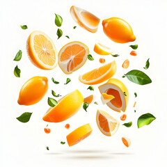 Falling citrus fruit, vibrant slices, white background, food photography, recipe illustration