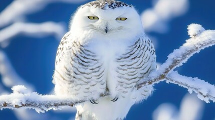 Snowy owl perched on a frosty branch against a vibrant blue background in winter