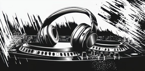 Headphones sitting atop a DJ mixer in black and white