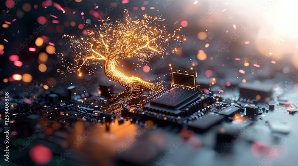 Poster computer with a realistic glowing tree placed on top in a high fidelity image