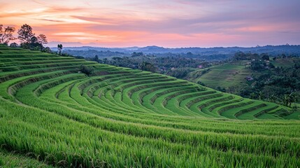 Serene sunset over lush green rice terraces with rolling hills and a tranquil landscape