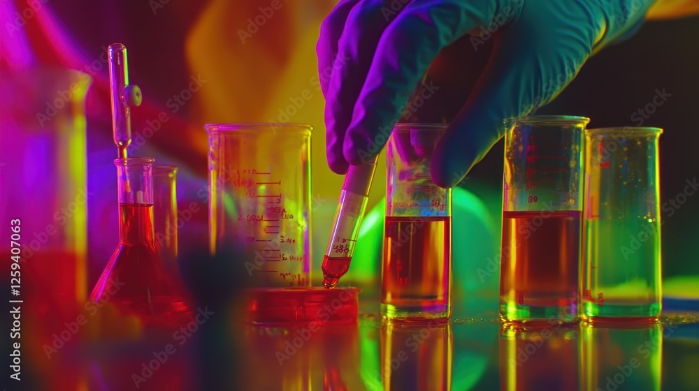 Poster scientist conducting colorful experiments in a lab with various glassware and liquids