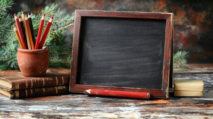 Rustic wooden table with a blank chalkboard, colored pencils, and old books in a cozy setting