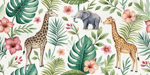 Obraz premium Botanical Watercolor Zoo Animals Fabric Print: Cute Animal Designs for Textile & Home Decor