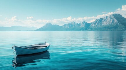 Naklejka premium fishing boat on the still blue sea, with rugged mountains in the distance, offering a serene and calming atmosphere.
