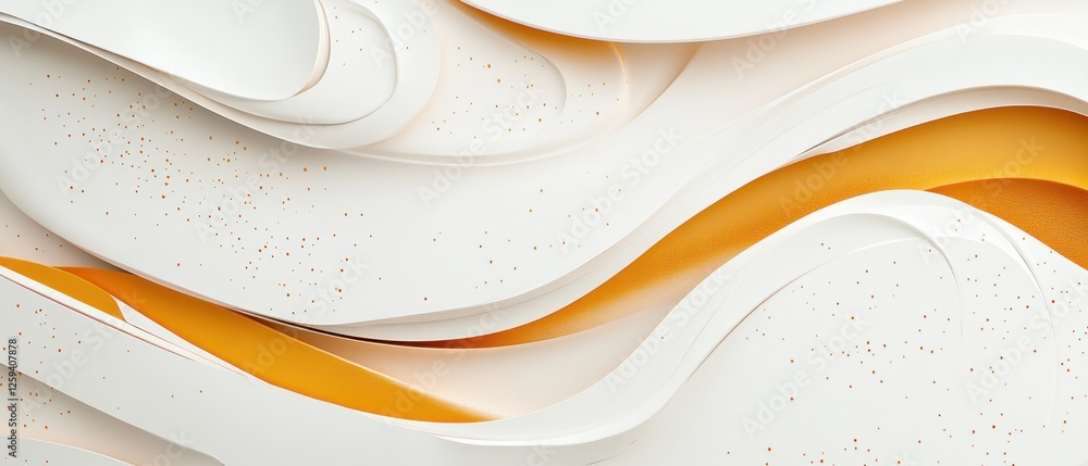 Poster abstract design featuring flowing white and orange waves with a smooth texture and subtle speckles, 