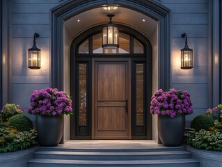 Elegant Home Entrance with Wooden Door and Floral Decoration at Dusk for Refined Living