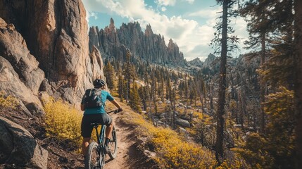 Fototapeta premium mountain bike adventure, with a rider making their way through a scenic mountain trail,