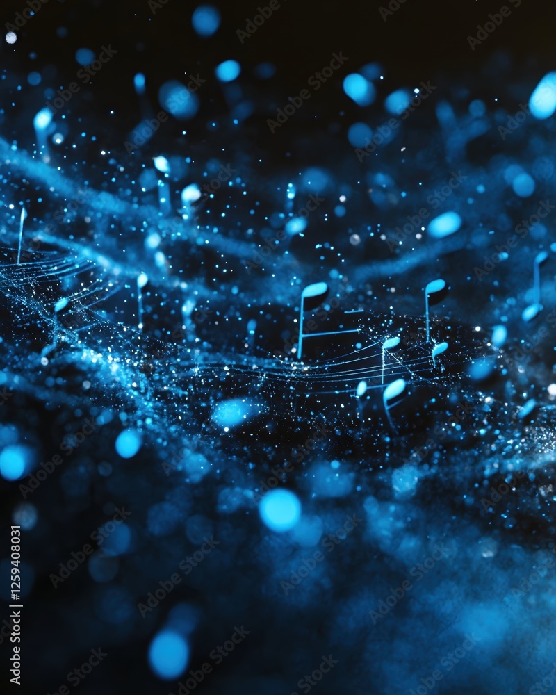 Poster abstract music notes floating in a dreamy blue space with bokeh effect and light