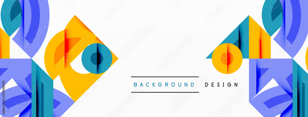Poster Abstract geometric background with shapes, featuring circular and rounded elements. Bold contrast, smooth gradients, dynamic composition, futuristic style